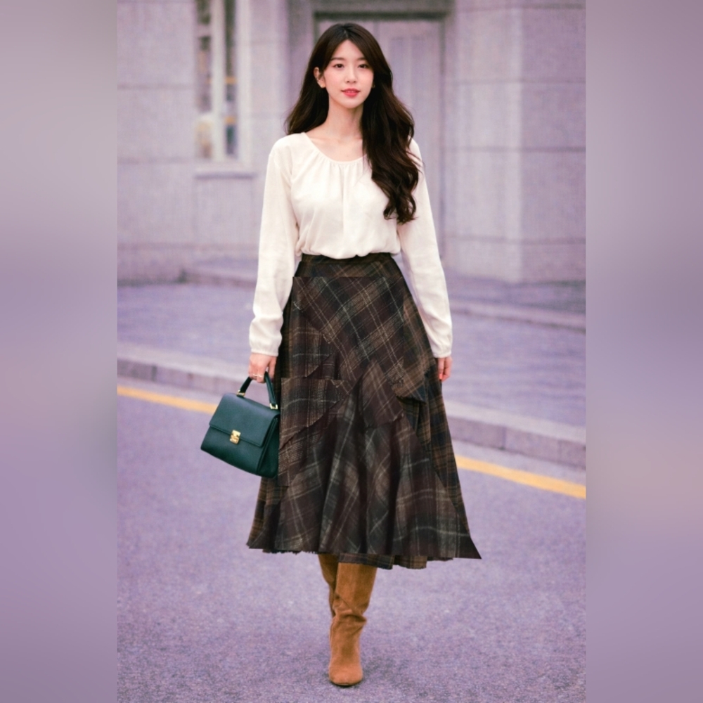 BASQUE🐞Tweed Brown Plaid Asymmetrical A-Line Flare Midi Skirt Sz:10